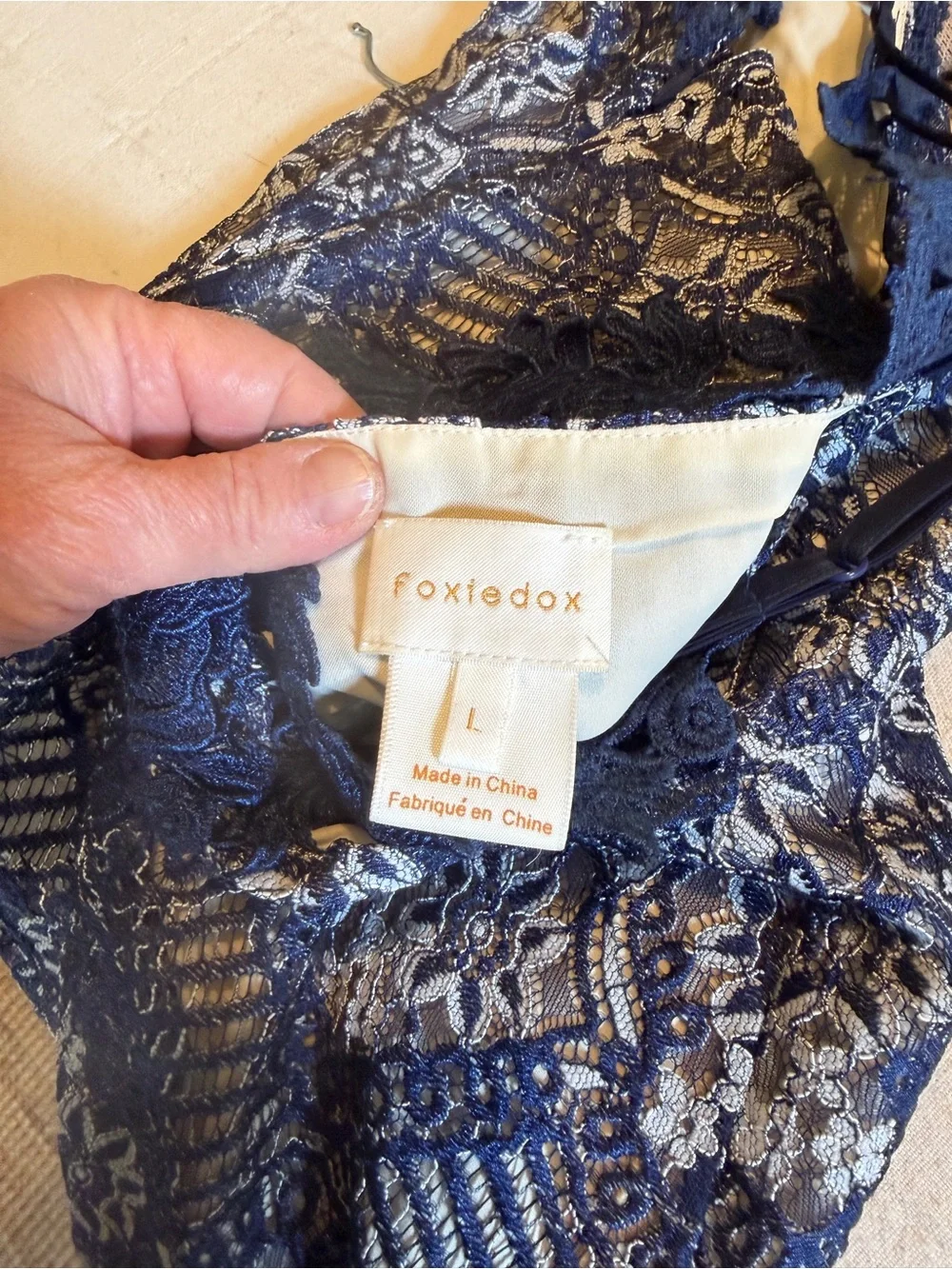 FOXIEDOX Navy Lace Midi Dress – Size Large – Worn Once